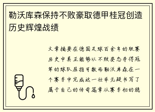 勒沃库森保持不败豪取德甲桂冠创造历史辉煌战绩