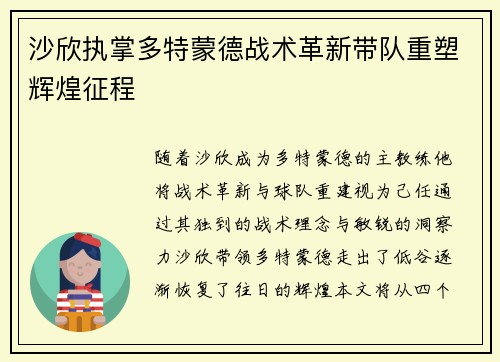 沙欣执掌多特蒙德战术革新带队重塑辉煌征程